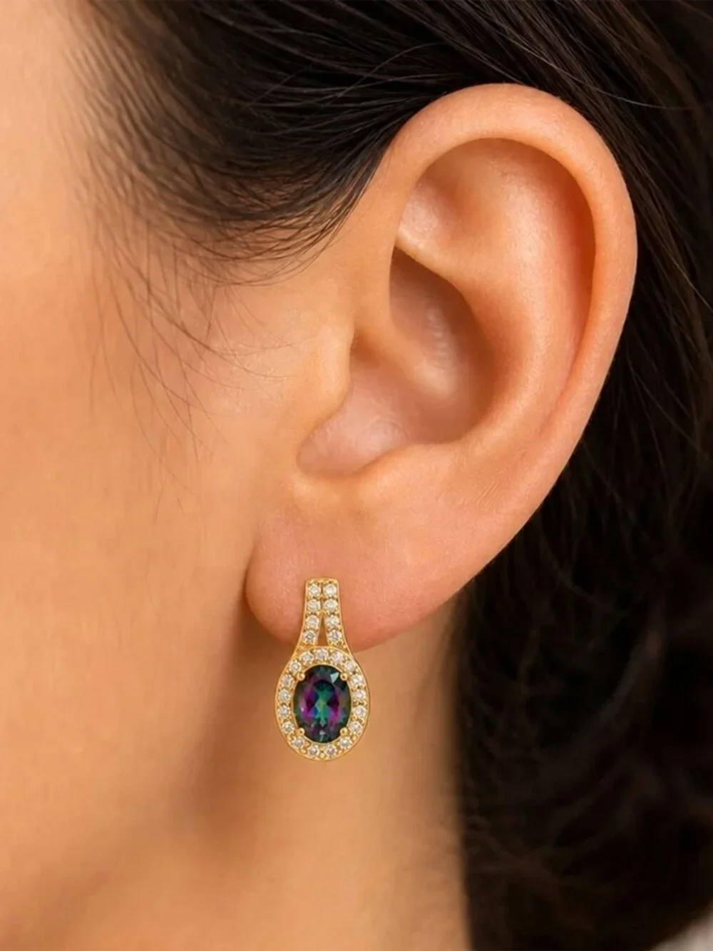 Created Mystic Topaz & W/Sapphire Stud Earrings 14k Yellow Gold Plated(.925)